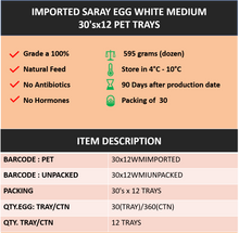 Load image into Gallery viewer, Imported Saray Egg White Medium 30&#39;sx12 PET Trays Product Information
